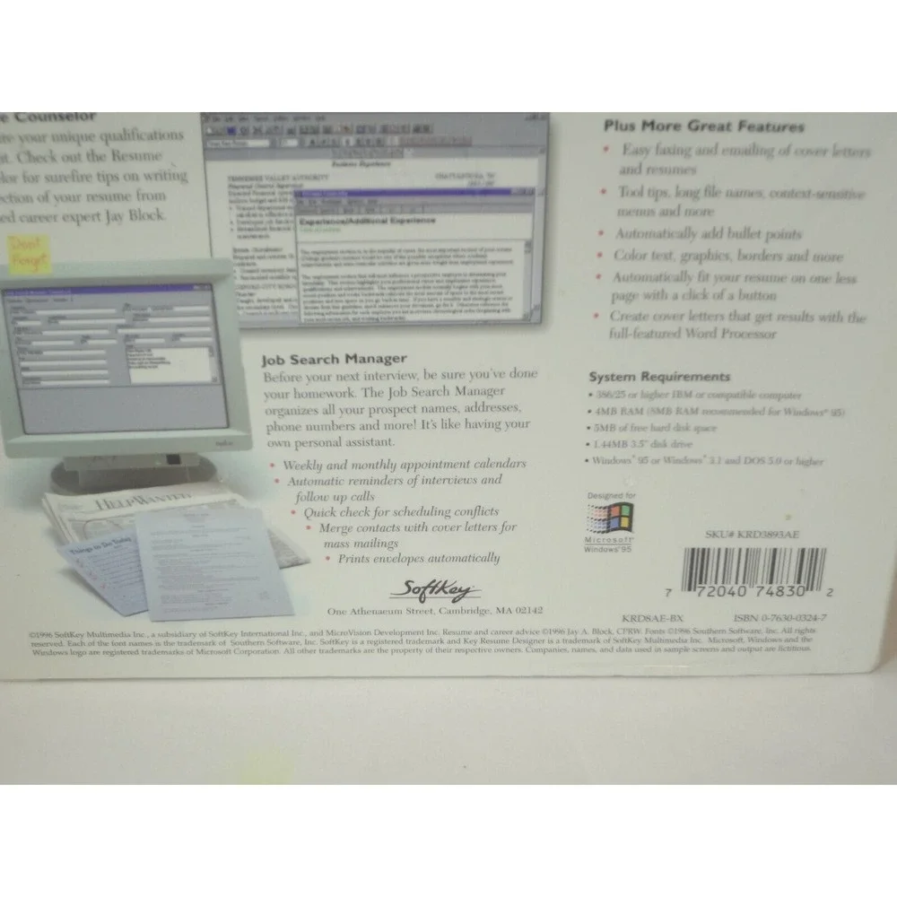 SoftKey Key Resume Designer (PC, 1996) Windows 95 and 3.1 - Factory Sealed & New